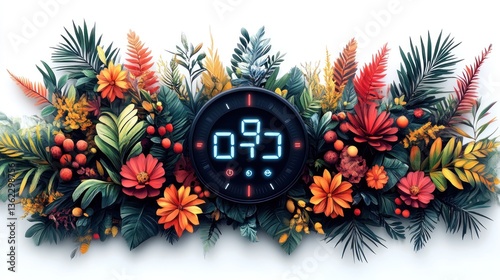 Digital clock showing 093 surrounded by vibrant tropical flowers and leaves