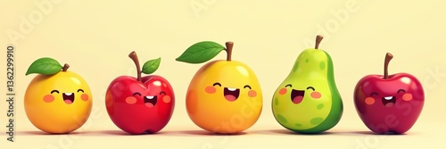 Collection of cute fruit characters in a comical style, oranges, bananas