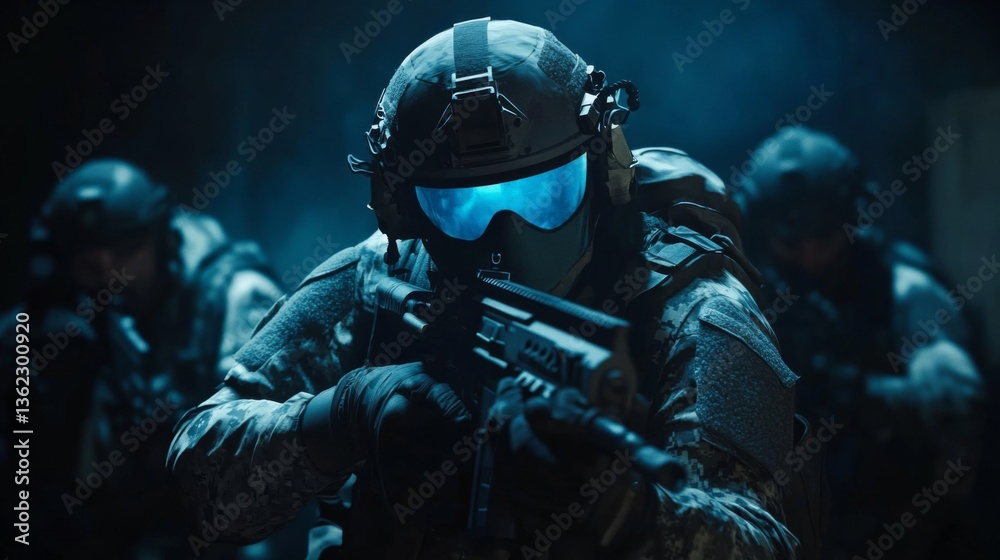 Futuristic soldiers in combat gear aiming rifles in low light tactical operation scene Futuristic soldiers in combat gear aiming rifles in low light tactical operation scene