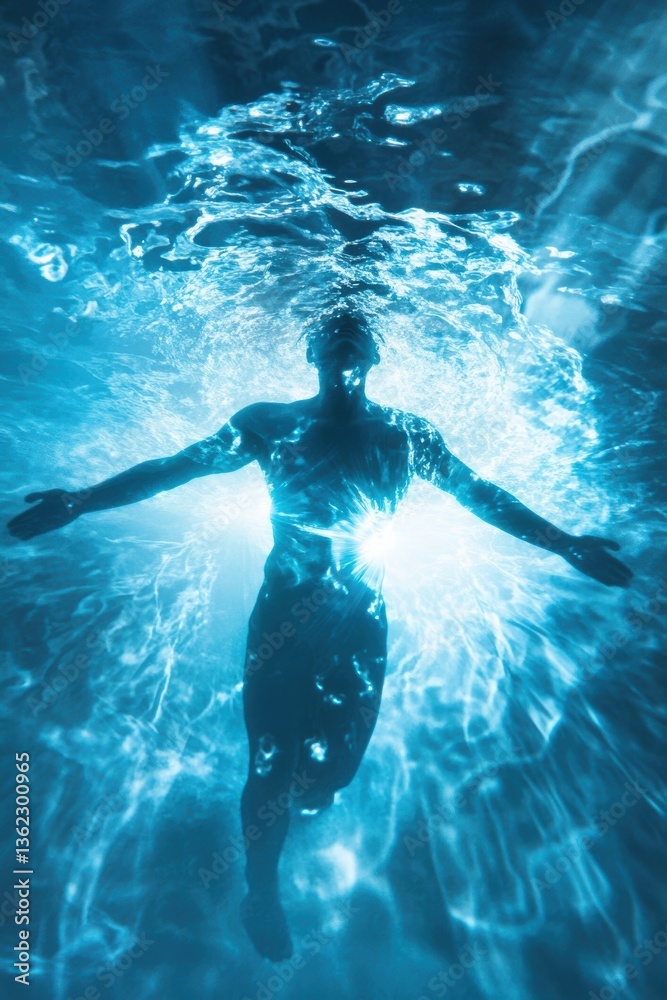 Fototapeta premium Rejuvenation Concept with Glowing Figure Emerging from Crystal-Clear Water