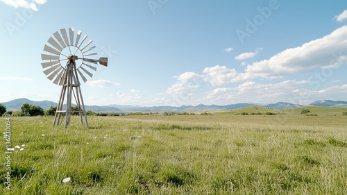 Windmill on grassy field under blue sky with clouds and distant mountains in rural landscape.