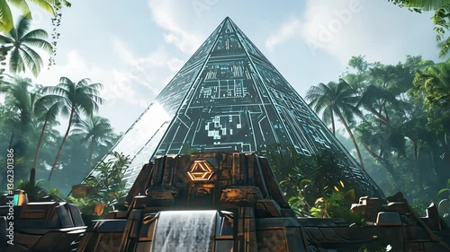 Exploring a futuristic Mayan city with towering glass pyramids and lush jungle surroundings