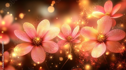Glowing pink flowers sparkle against a dark background