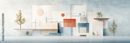 Abstract geometric shapes, minimalist design, muted tones, small trees