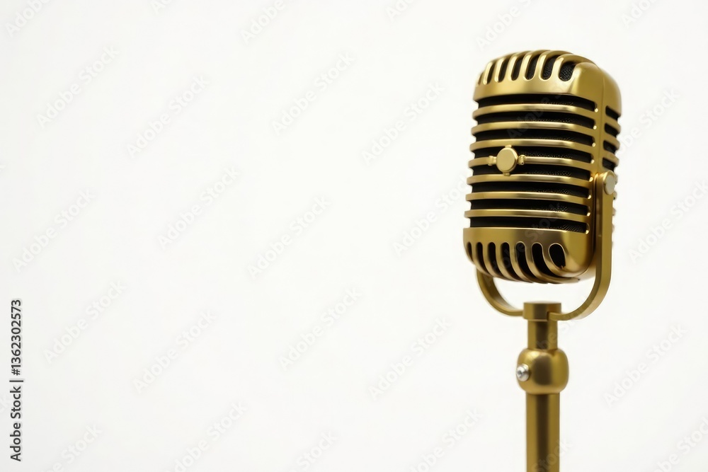 Fototapeta premium Close-up shot of a single gold microphone on white background, design, texture