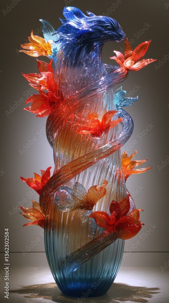 Naklejka premium Sculptural glass vase; swirling form, vibrant colors, floral & aquatic motifs