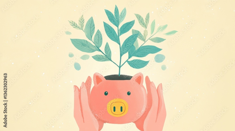 Obraz premium Cultivating financial growth how hands holding a piggy bank with a growing plant symbolizes successful retirement planning illustration