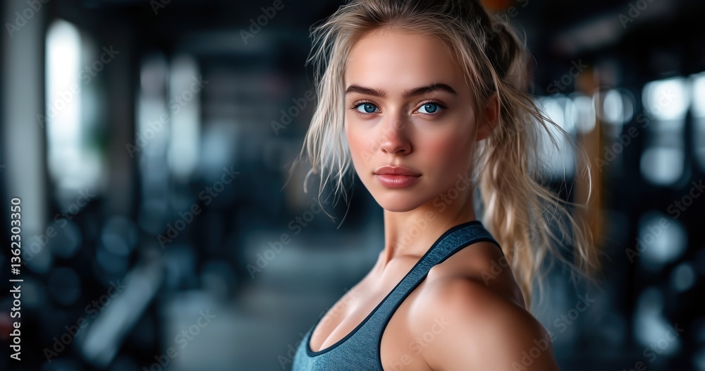 Fototapeta premium Une femme blonde en tenue de sport, au corps athlétique et aux yeux bleus, posant devant l'objectif pendant un entraînement à la salle de sport.
