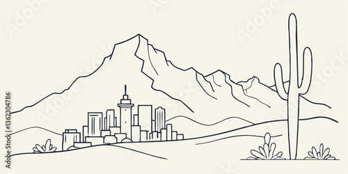 A minimalist one-line drawing of the Fresno skyline, highlighting the Security Bank Building and surrounding Central Valley scenery in a sleek, continuous-line style.