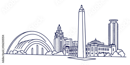 Kansas City skyline, showcasing the Liberty Memorial and Kauffman Center in a modern, continuous-line style.


 photo