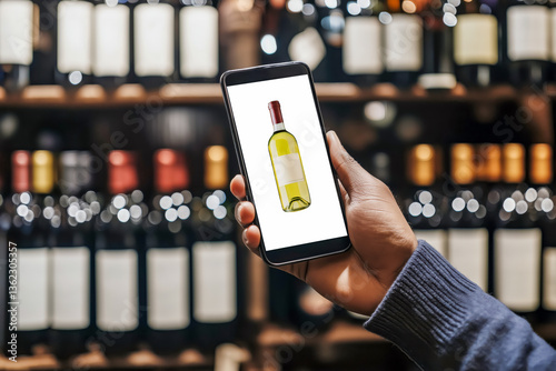 Consumer using mobile app for selecting and online ordering wine in liquor store. 