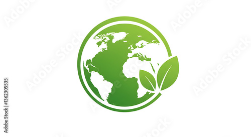 A green earth globe with white continents and leaves on a black background illustration design