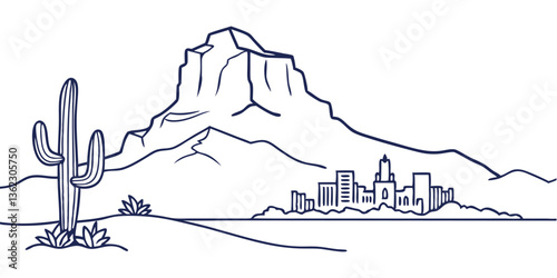 Mesa skyline, incorporating the Superstition Mountains and historic Mesa Arizona Temple in a sleek, continuous-line style.