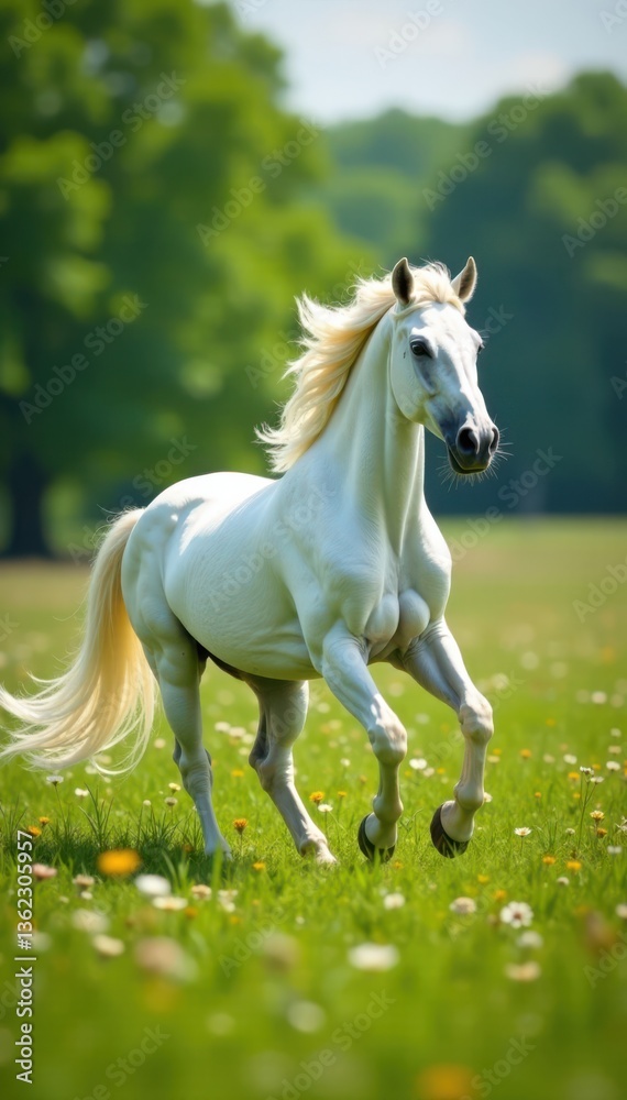 Majestic white stallion prancing in a lush meadow, pasture, equine
