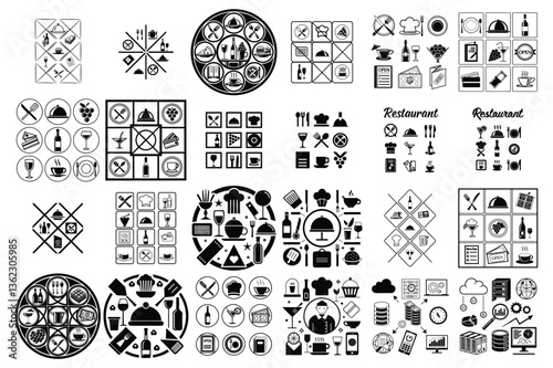 Restaurant Icon Silhouettes, Food Service, Drink, Chef Hat, Dinnerware, Collection
