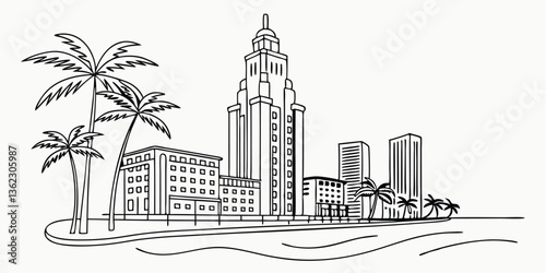 A minimalist one-line drawing of the Miami skyline, featuring the Art Deco buildings, palm trees, and Biscayne Bay in a sleek, continuous-line style.