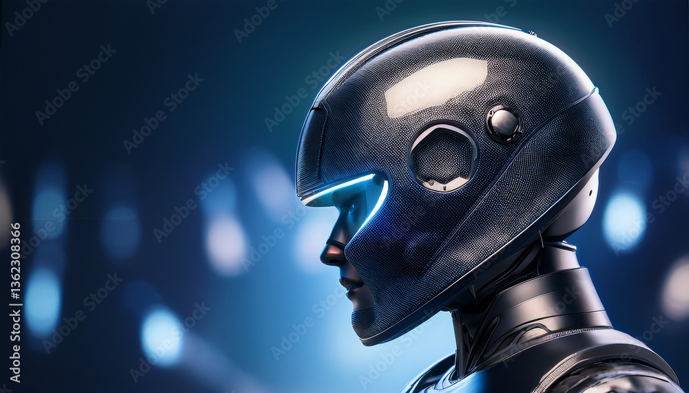 Modern black Metallic Robot in helmet, close-up 3d render robotic head in helmet, dark blurred background. Modern black Metallic Robot in helmet, close-up 3d render robotic head in helmet, dark blurred background.