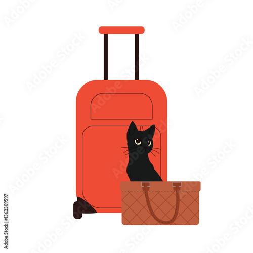 Illustration of a black cat sitting beside a brown handbag and red suitcase. Concept for pet travel, vacation with animals, or packing for a trip with your furry companion. Vector illustration