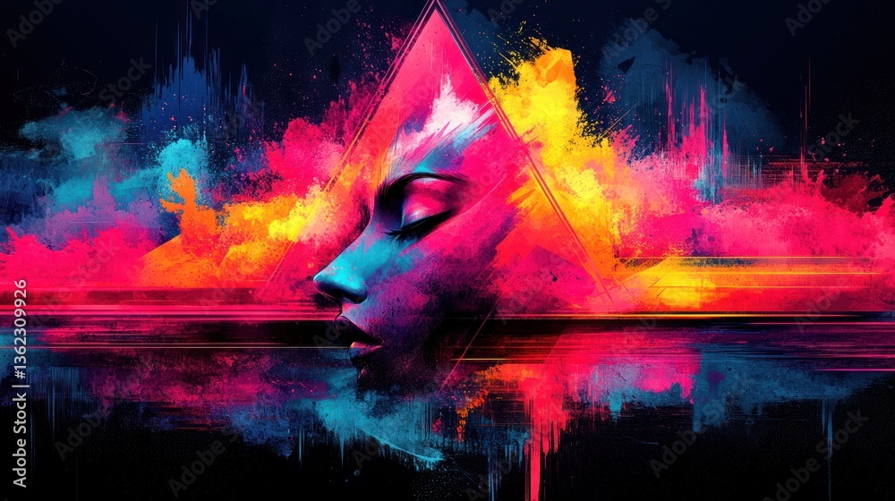 Obraz premium Vibrant abstract portrait, colorful paint splashes, geometric triangle