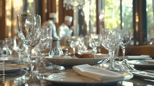 restaurant food dishes on the table, and there is a chef