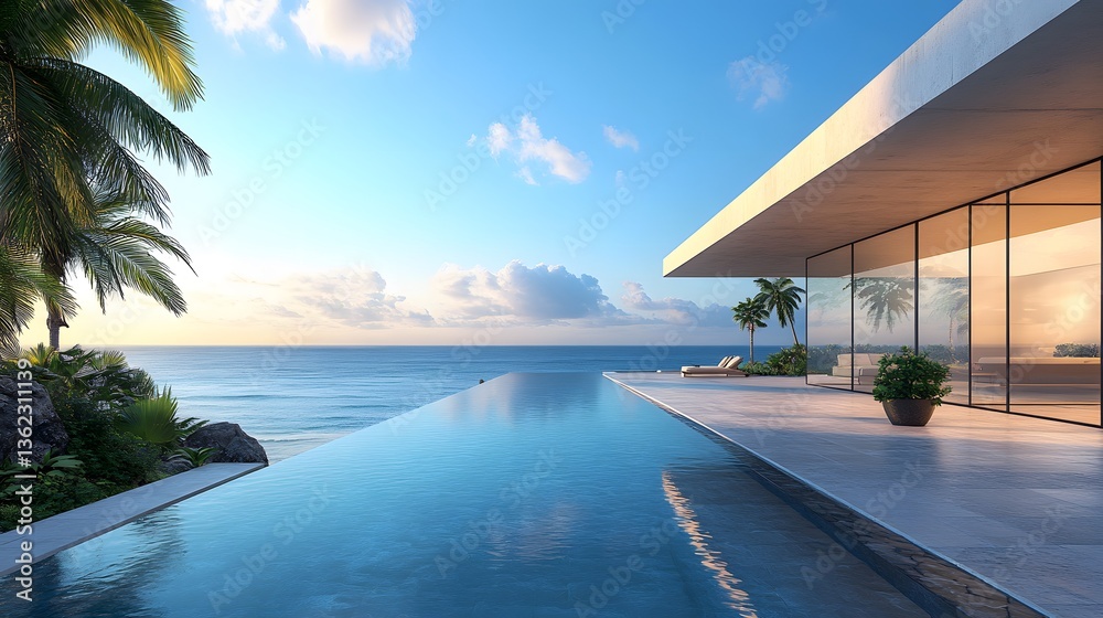 Fototapeta premium Modern luxury beachfront villa boasts floor-to-ceiling glass windows, panoramic ocean view, stone patio, turquoise water, natural stone flooring, and indoor-outdoor living in golden hour light.