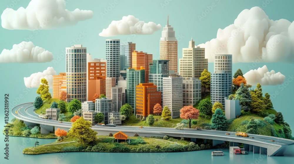 Fototapeta premium Urban Oasis: A Miniature Metropolis on an Island Paradise