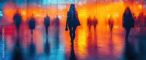 Blurry figures walking city street at night, vibrant colors reflecting on wet pavement