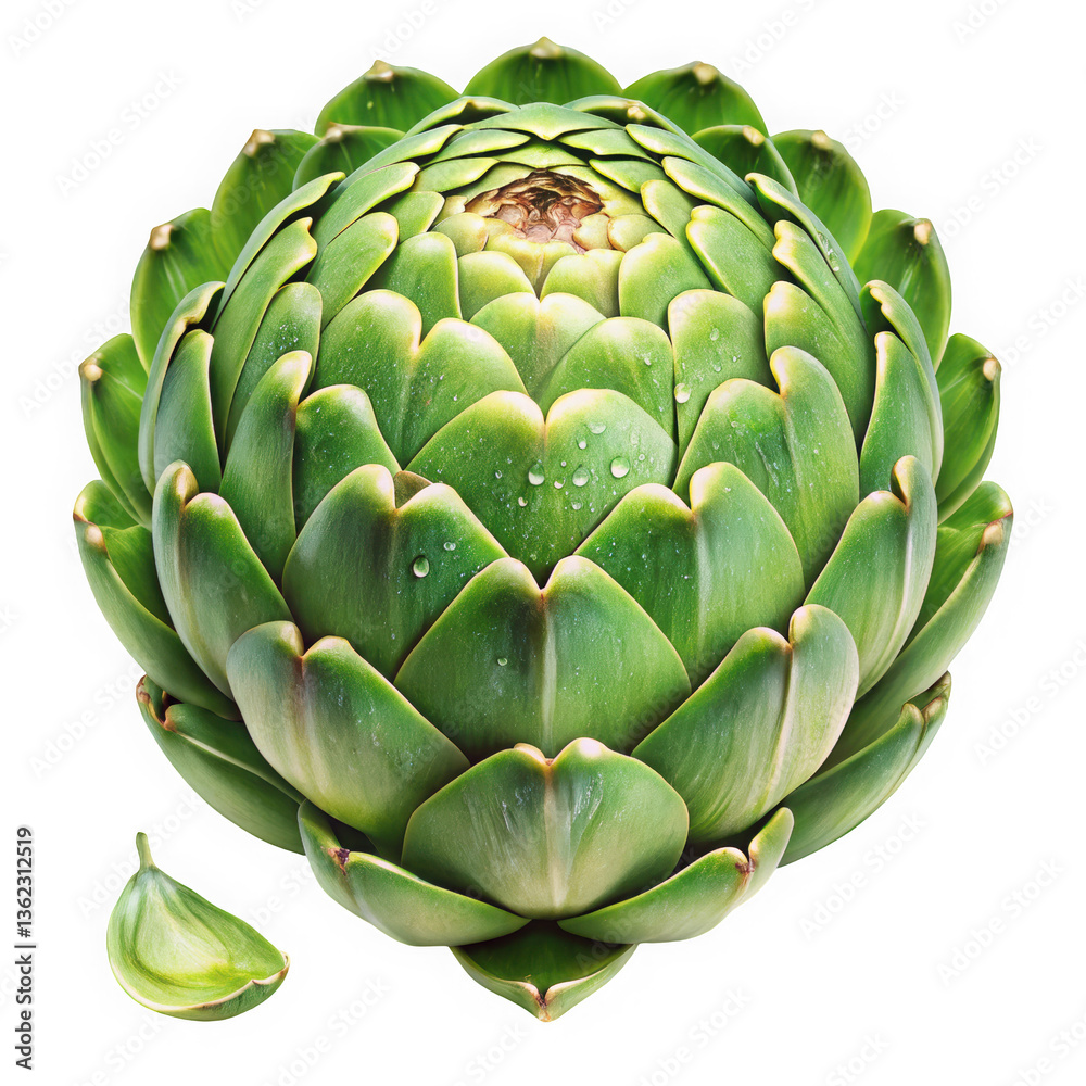 Obraz premium A vibrant green artichoke with dew drops, showcasing its unique texture and layers. A fresh and healthy addition to any dish.