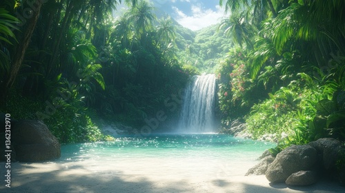 Fototapeta Naklejka Na Ścianę i Meble -  Lush tropical waterfall cascading into a tranquil pool, surrounded by dense jungle foliage and a pristine sandy beach