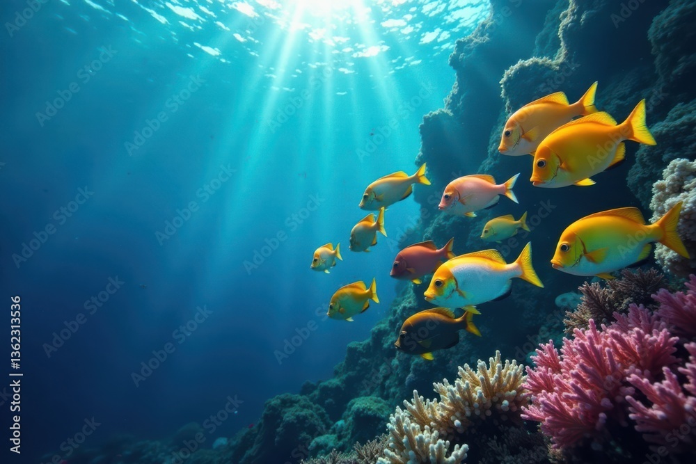 Obraz premium School of colorful fish swimming together in the ocean, sushi, seafood