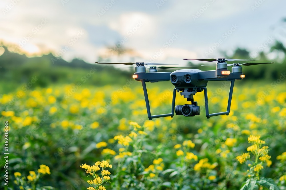 Drone flying over yellow flower field under blue sky capturing crop surveillance bloom management and digital agriculture in sustainable ecosystem visual Drone flying over yellow flower field under blue sky capturing crop surveillance bloom management and digital agriculture in sustainable ecosystem visual