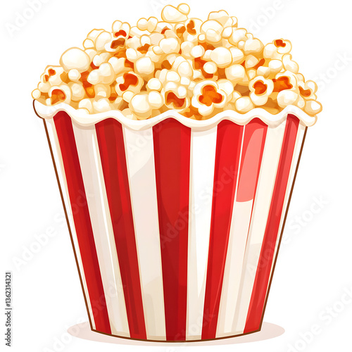 Delicious Buttery Popcorn in Classic Red Striped Box isolated on transparent