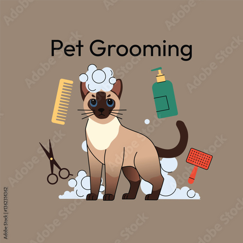 A stylish illustration of a Siamese cat surrounded by pet grooming essentials like a comb, scissors, shampoo, and a brush. The cat is covered in soap bubbles, emphasizing cleanliness and care