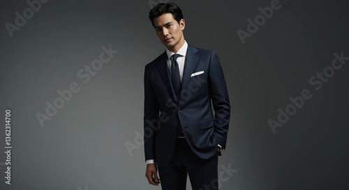 Asian man in a dark suit standing against gray backdrop