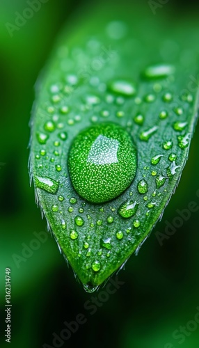 Emerald Brilliance Close-Up of Water Droplets Clinging to a Vibrant Green Leaf, Nature s Texture