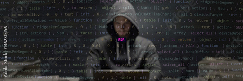 EDR text in foreground, anonymous hacker. Vulnerability endpoint detection and response system style, code on editor screen. English language, text in English