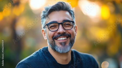 Portrait of happy mature man wearing spectacles and looking at camera outdoor. Man with beard and glasses feeling confident. Close up face of hispanic business man smiling.