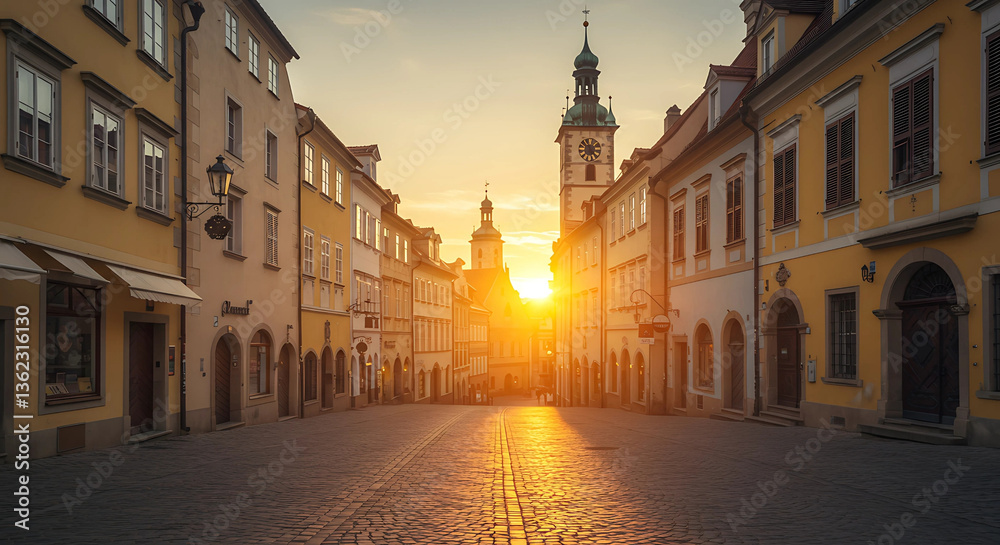 Fototapeta premium Sunlit street view with buildings and a clock tower