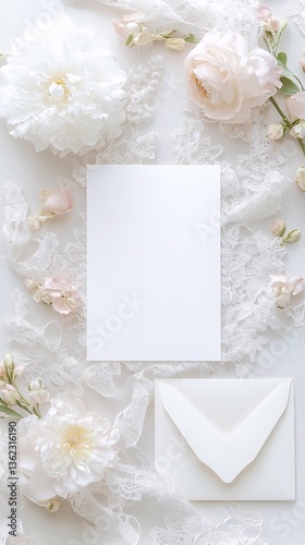 
An elegant flat lay of a wedding invitation, surrounded by delicate flowers and lace, showcases the romantic touch that inspired its design.