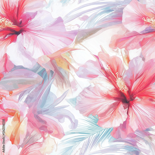 Tropical hibiscus flowers in vibrant watercolor pattern design