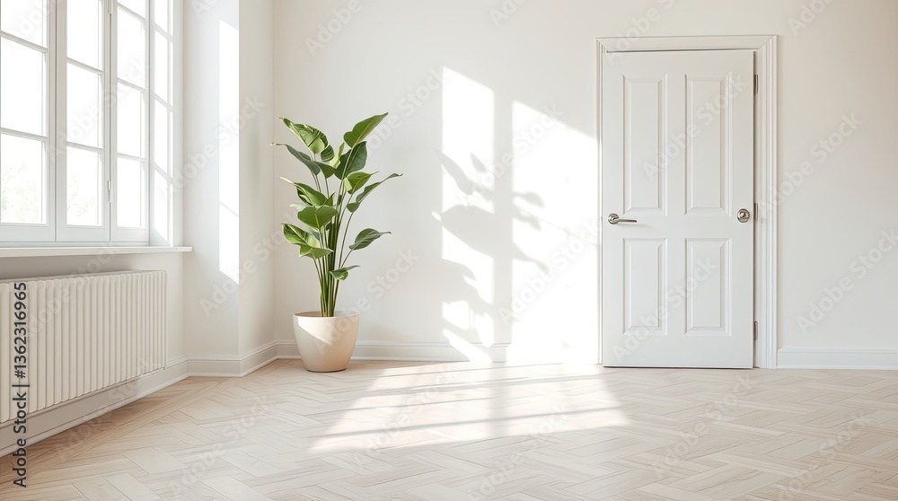 Obraz premium Bright minimalist room featuring a plant door and window