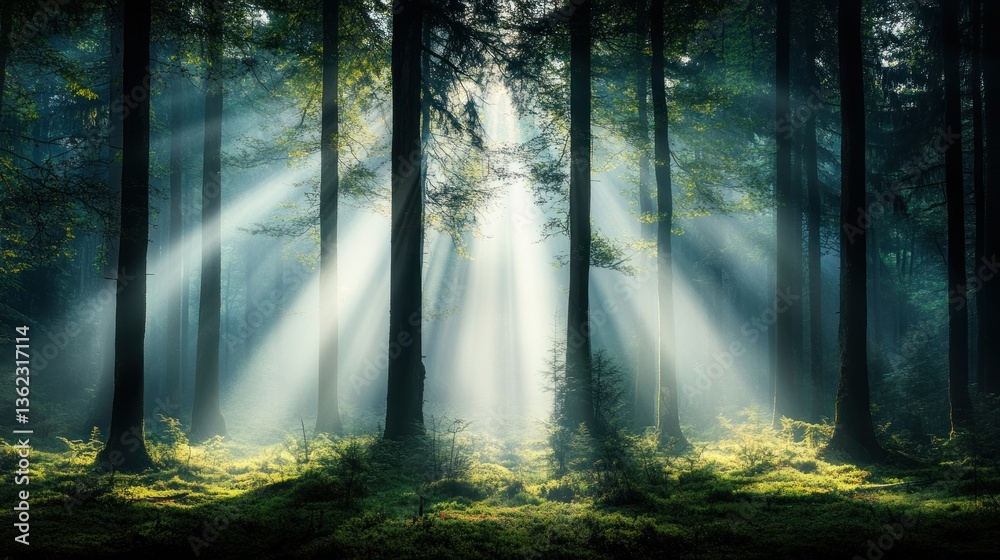 Fototapeta premium Sunbeams pierce through a misty, dense forest, illuminating the forest floor