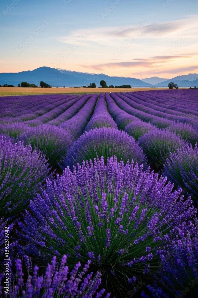 Obraz premium lavender fields in the sunset with mountains in the background