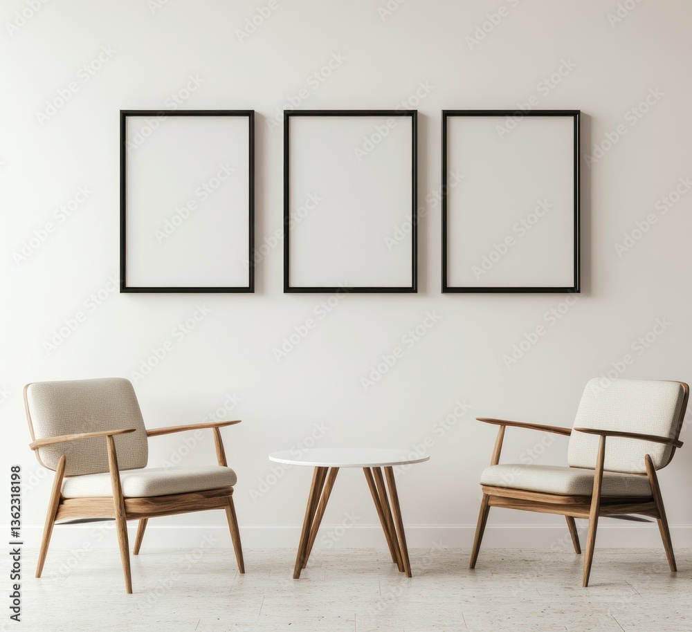 Minimalist living room with three empty frames and two armchairs. Minimalist living room with three empty frames and two armchairs.