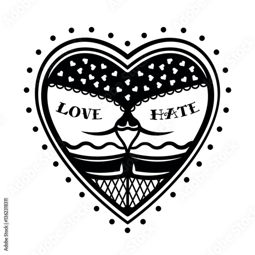 Heart with butt in underwear and stockings tattoo style vector illustration in black style isolated on white background
