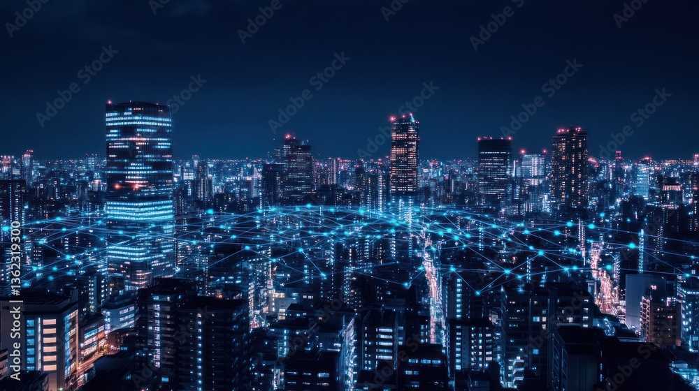 Fototapeta premium Night cityscape network, urban glow, futuristic view, aerial shot