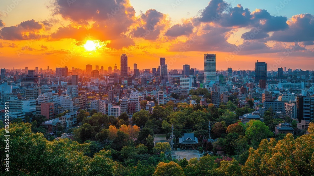 Obraz premium Vibrant sunset over a city skyline, trees and buildings bathed in warm light