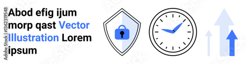Shield with a lock icon ensures security, clock represents time management, and arrows signify growth. Ideal for digital security, productivity, development, analysis, innovation, trends flat