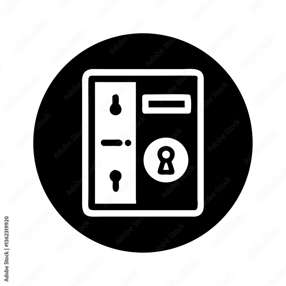 Secure vault door icon with lock mechanism in black circle design Secure vault door icon with lock mechanism in black circle design