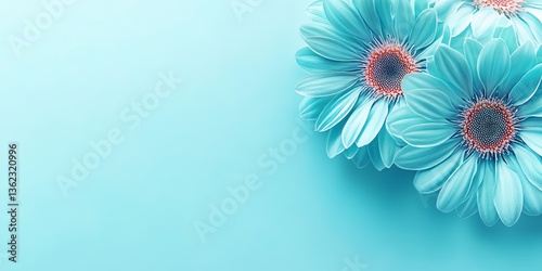 Three Beautiful Blue, Teal Blue Gerbera Daisy Flowers On Copy The Minimum Length of Requirements.